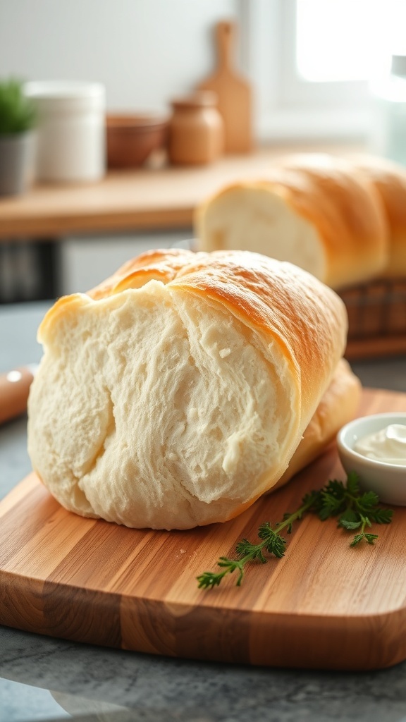 Fluffy cloud bread on a cutting board with cream cheese spread and herbs.